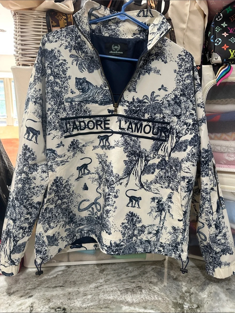 Ellandemm J'Adore L'Amour Hooded Pullover Jacket - Navy & Cream size M/L Lk New!